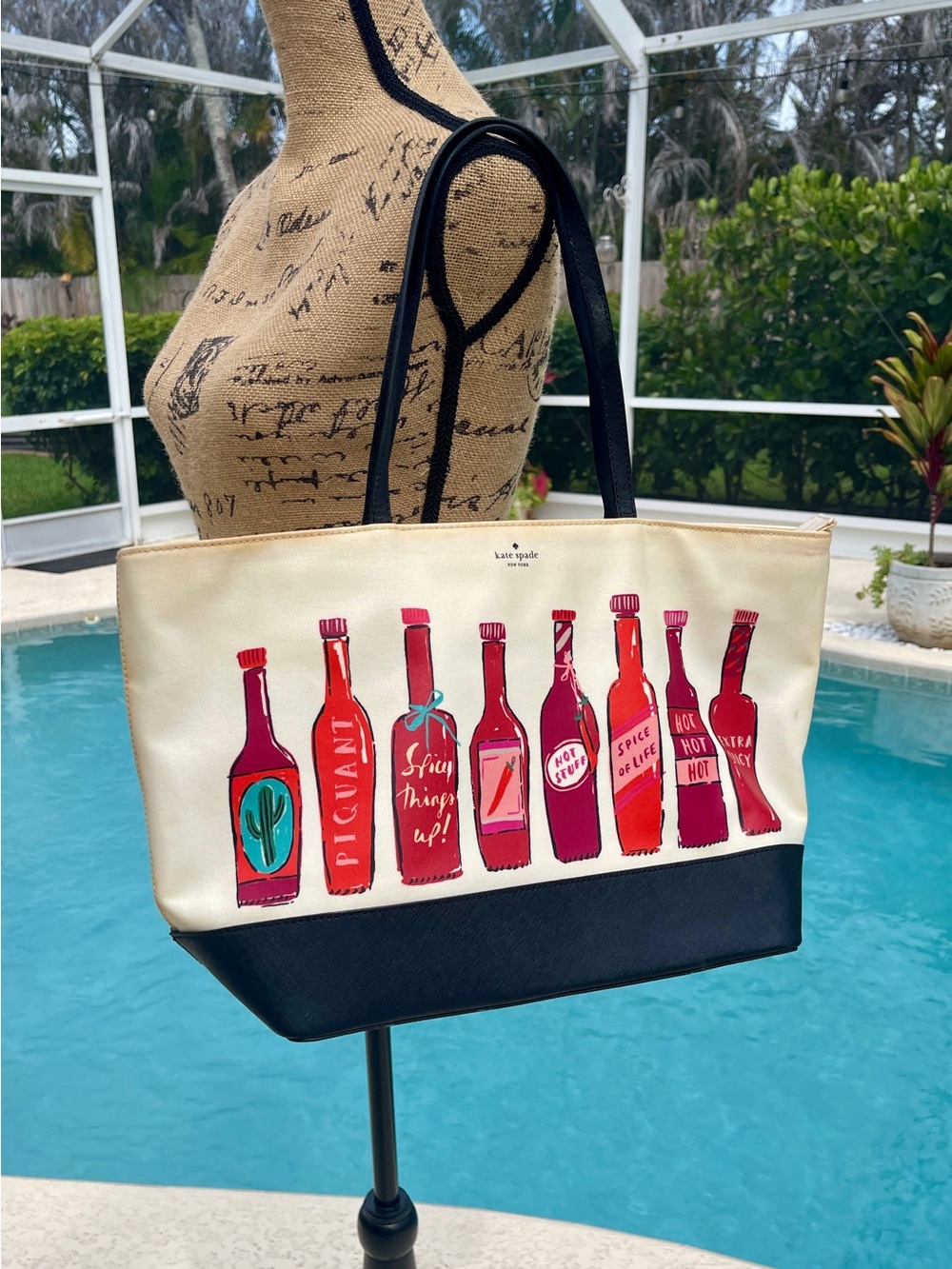 kate spade Cream & Black Tote with Colorful Hot Sauce Bottle Print